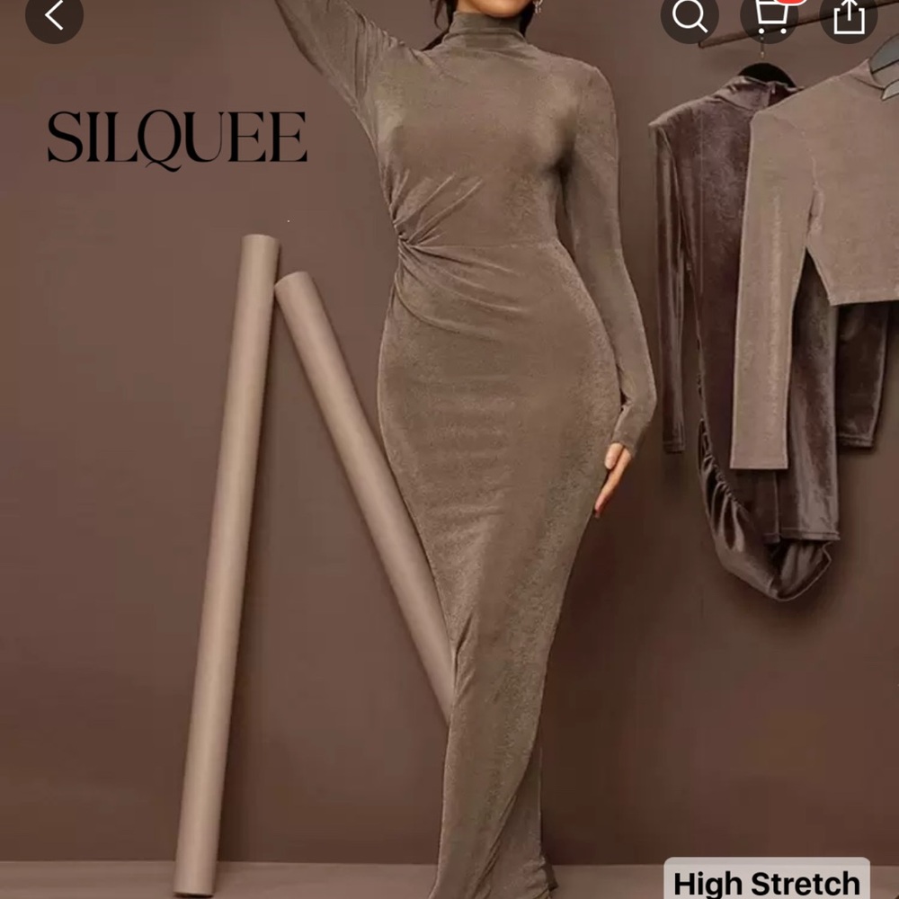 SHEIN Tan Ruched Slit Bodycon Dress